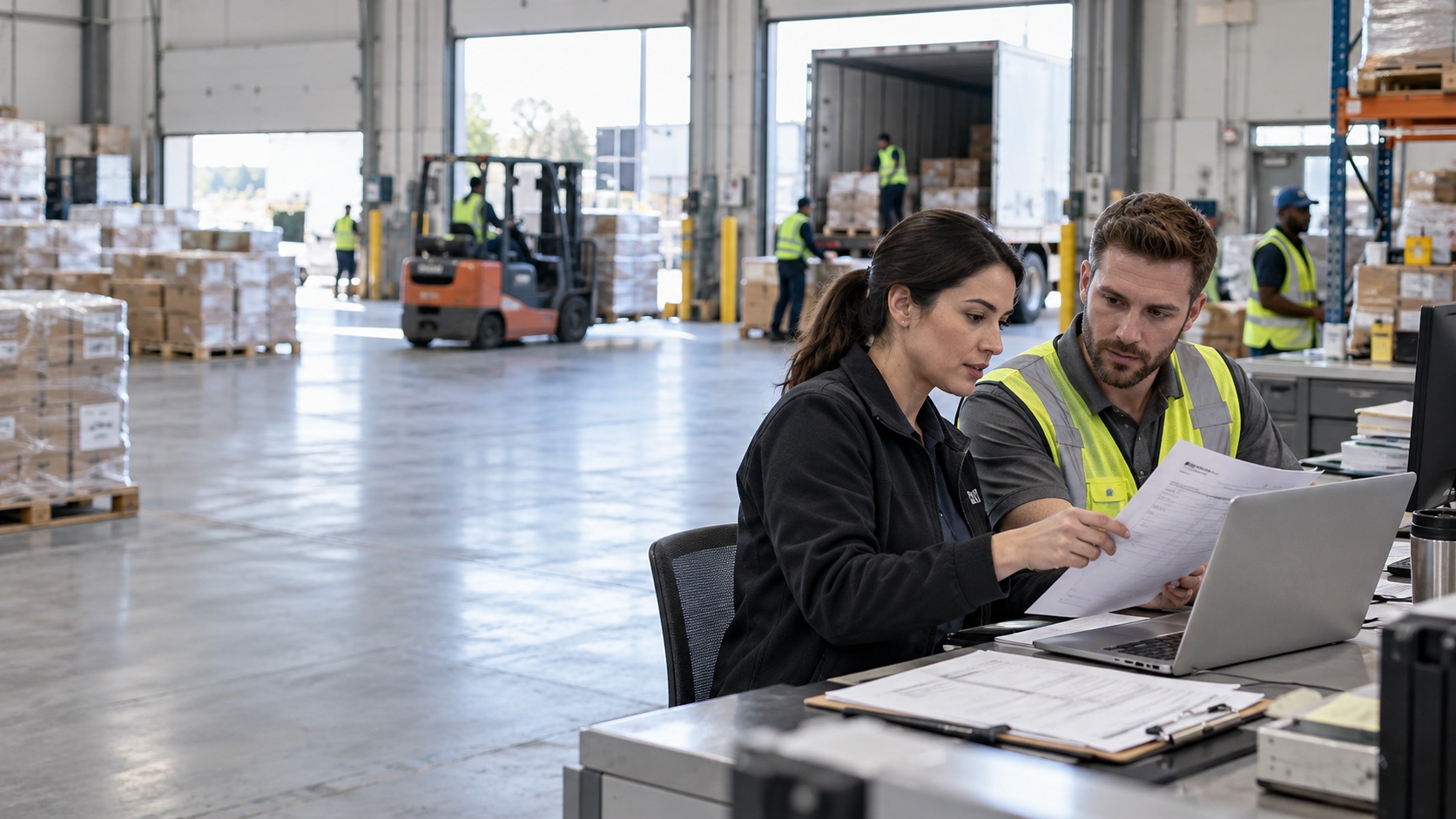 Logistics coordinators reviewing shipping documents beside a warehouse dispatch area