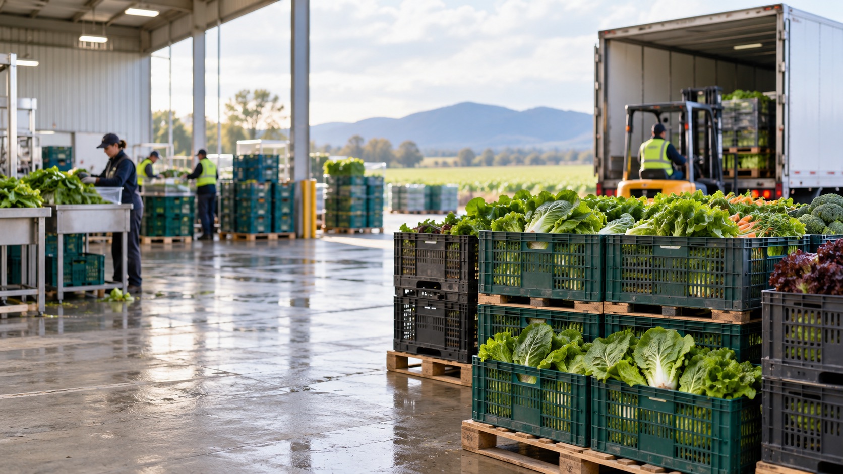 Crates of fresh agricultural produce prepared for transportation