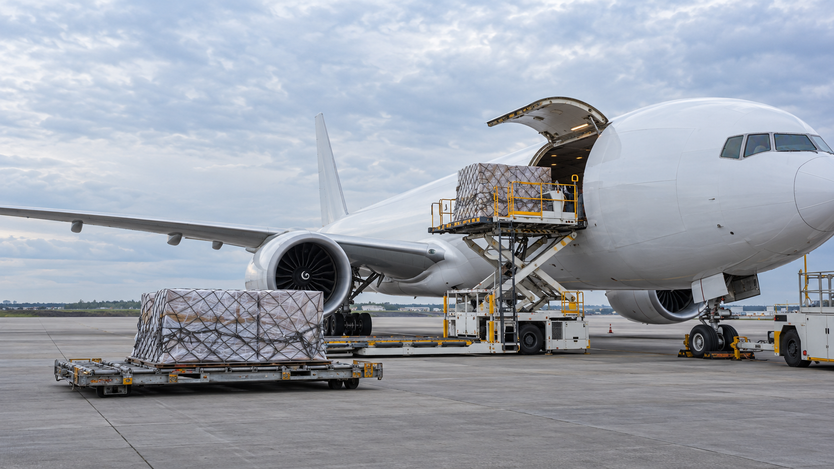 Netted air cargo pallet being loaded into a freighter aircraft
