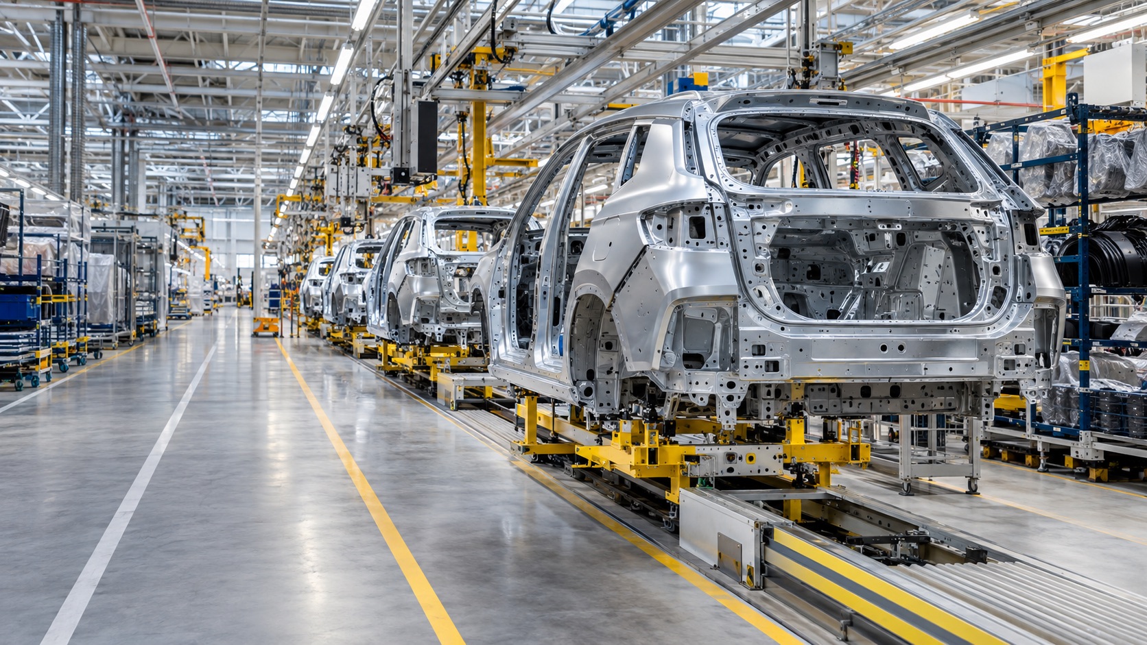 Vehicle bodies and component racks on an automotive assembly floor