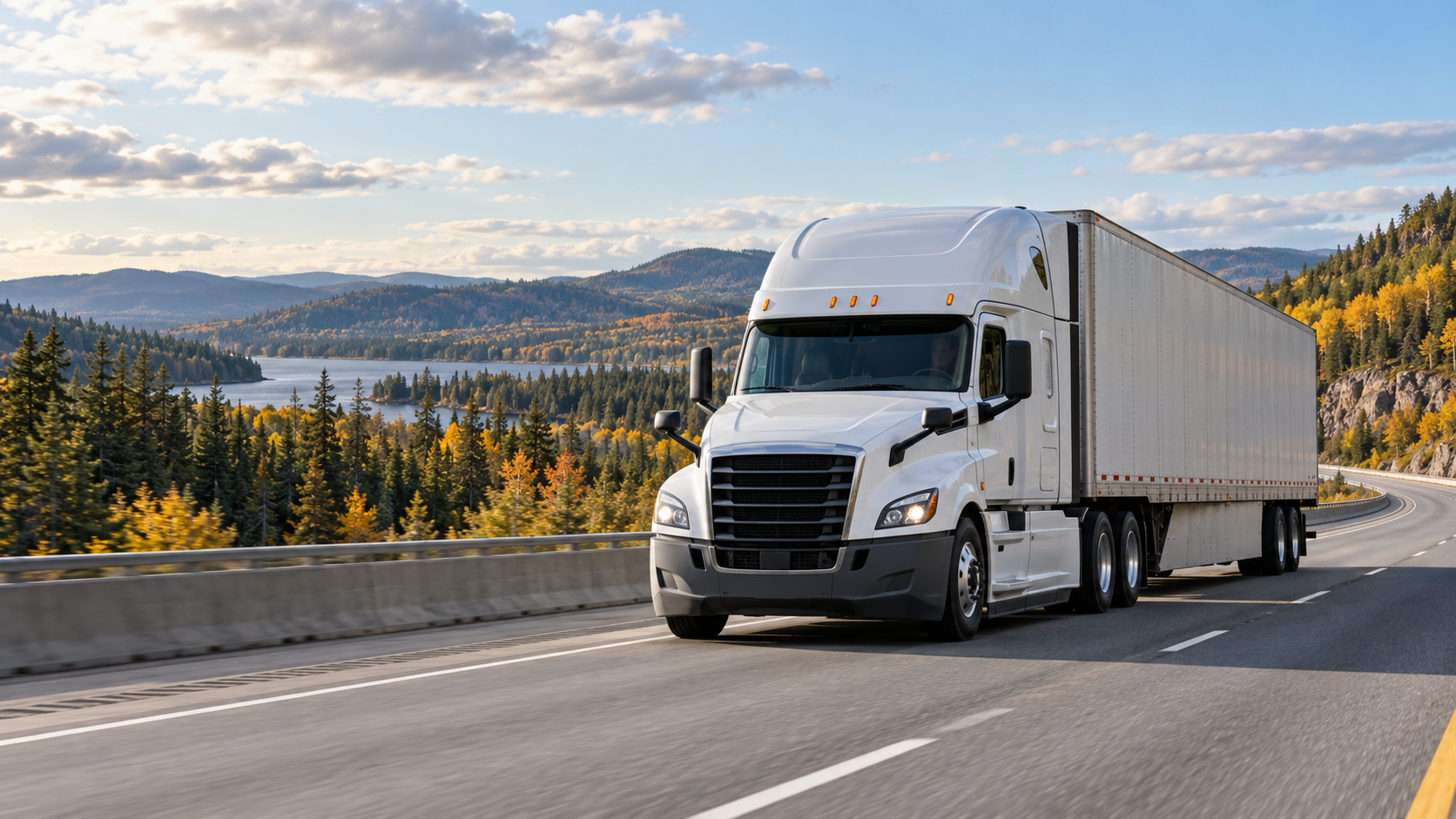 Commercial tractor-trailer traveling on a highway beside northern forest