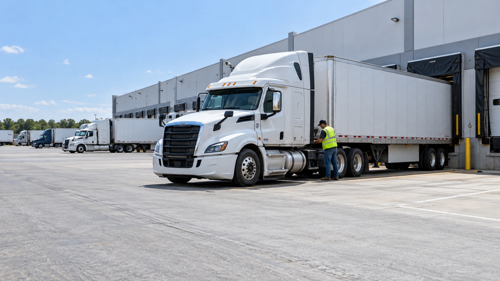 Commercial truck driver inspecting a tractor-trailer at a distribution center
