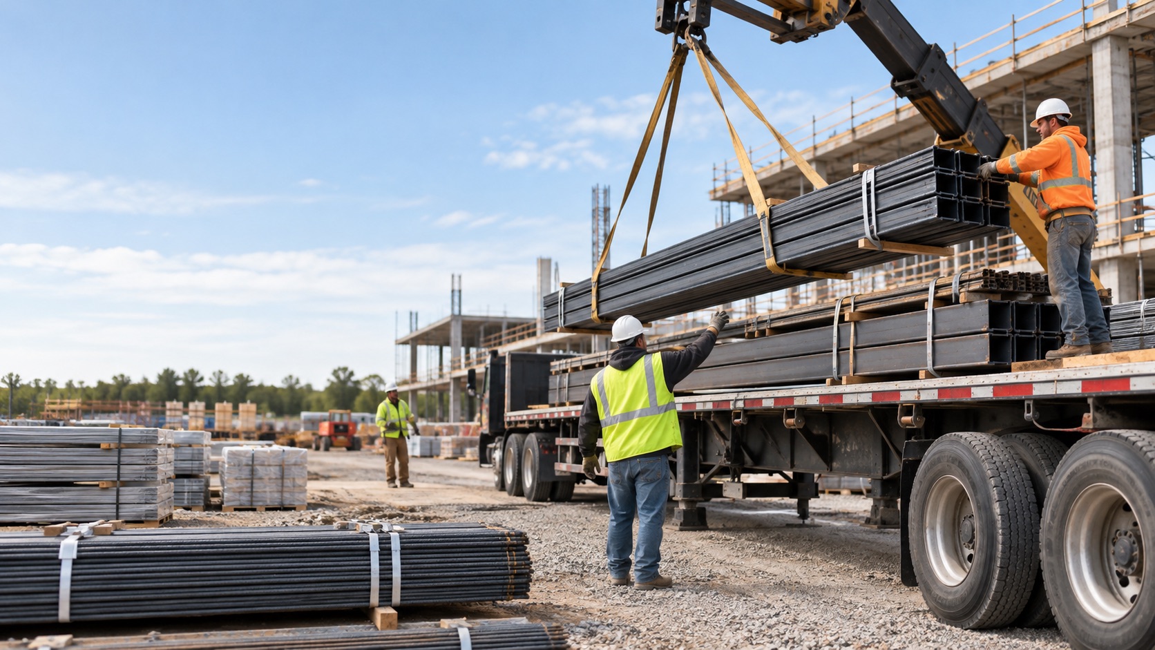 Bundled building materials staged for delivery at a construction site