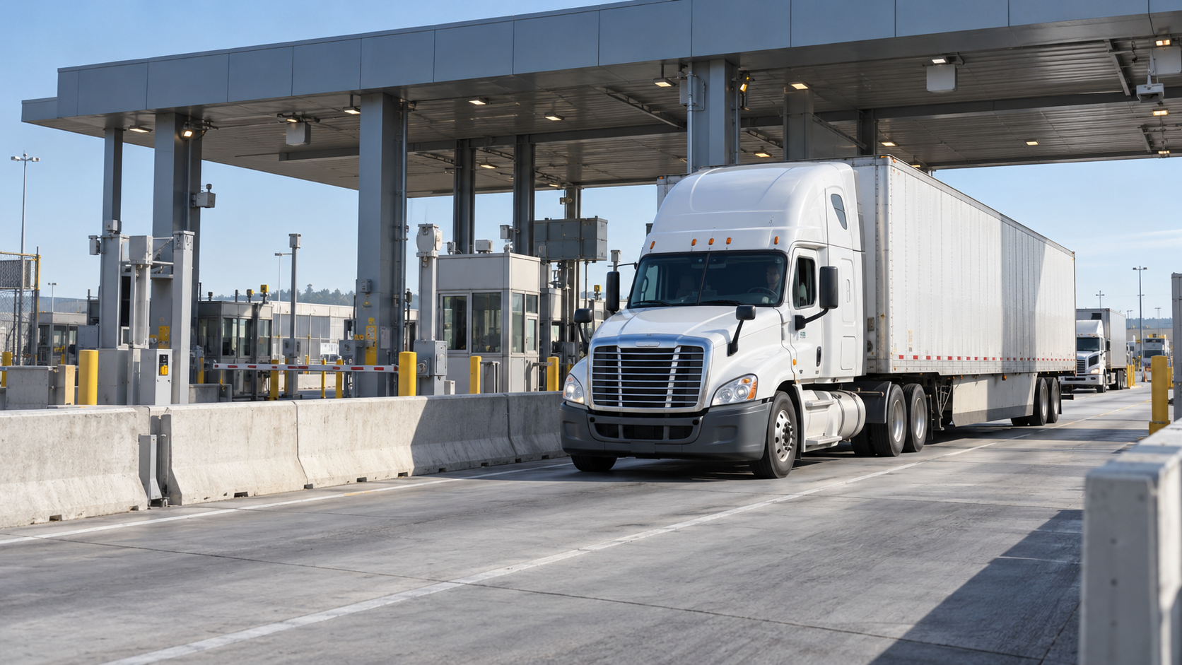 White tractor-trailer passing through a commercial freight inspection lane