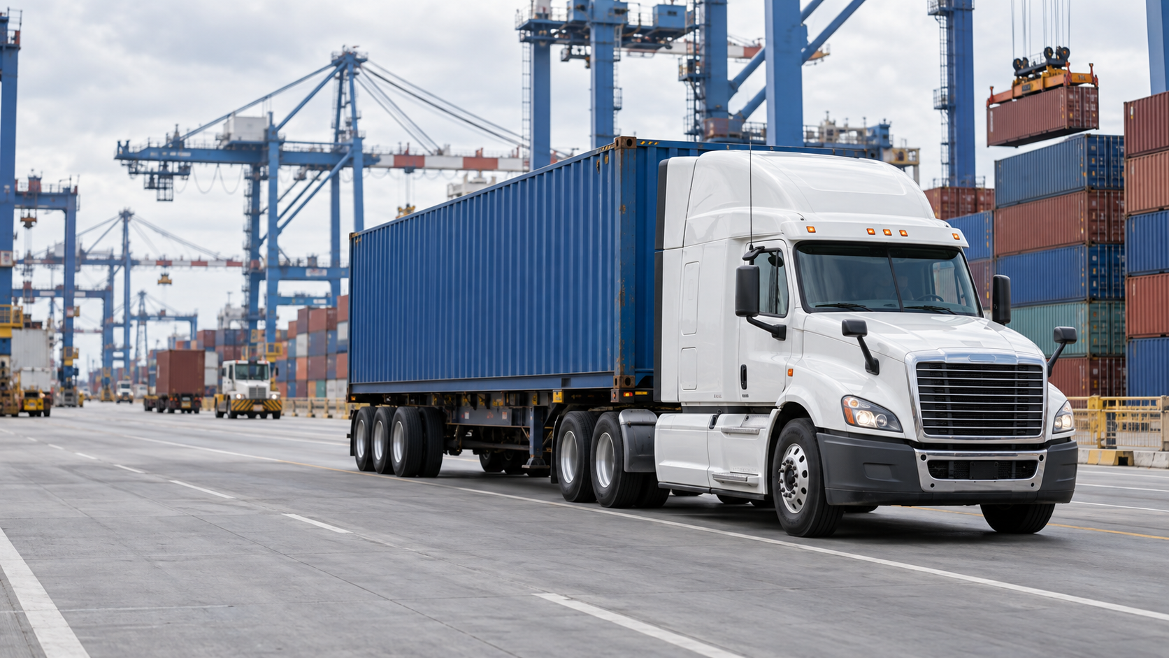 Tractor hauling a shipping container on a chassis through a port terminal
