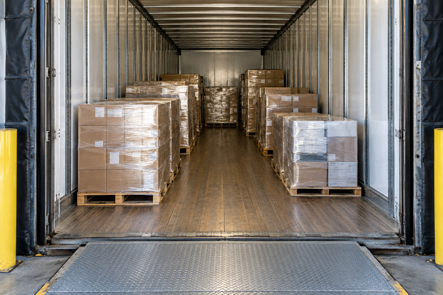 Wrapped general commodity pallets inside an enclosed dry van trailer