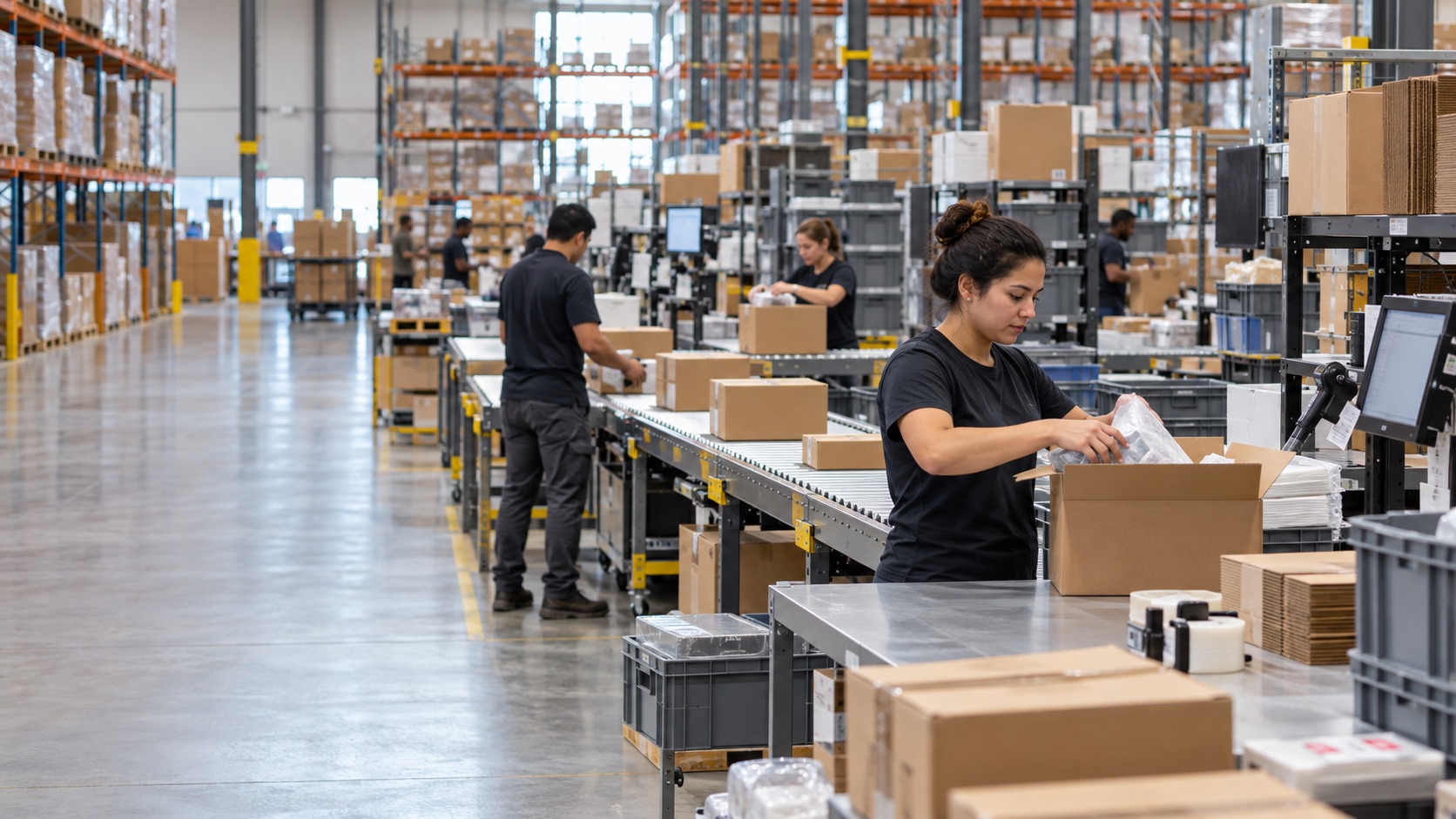 Parcel cartons and packing stations in an e-commerce fulfillment warehouse