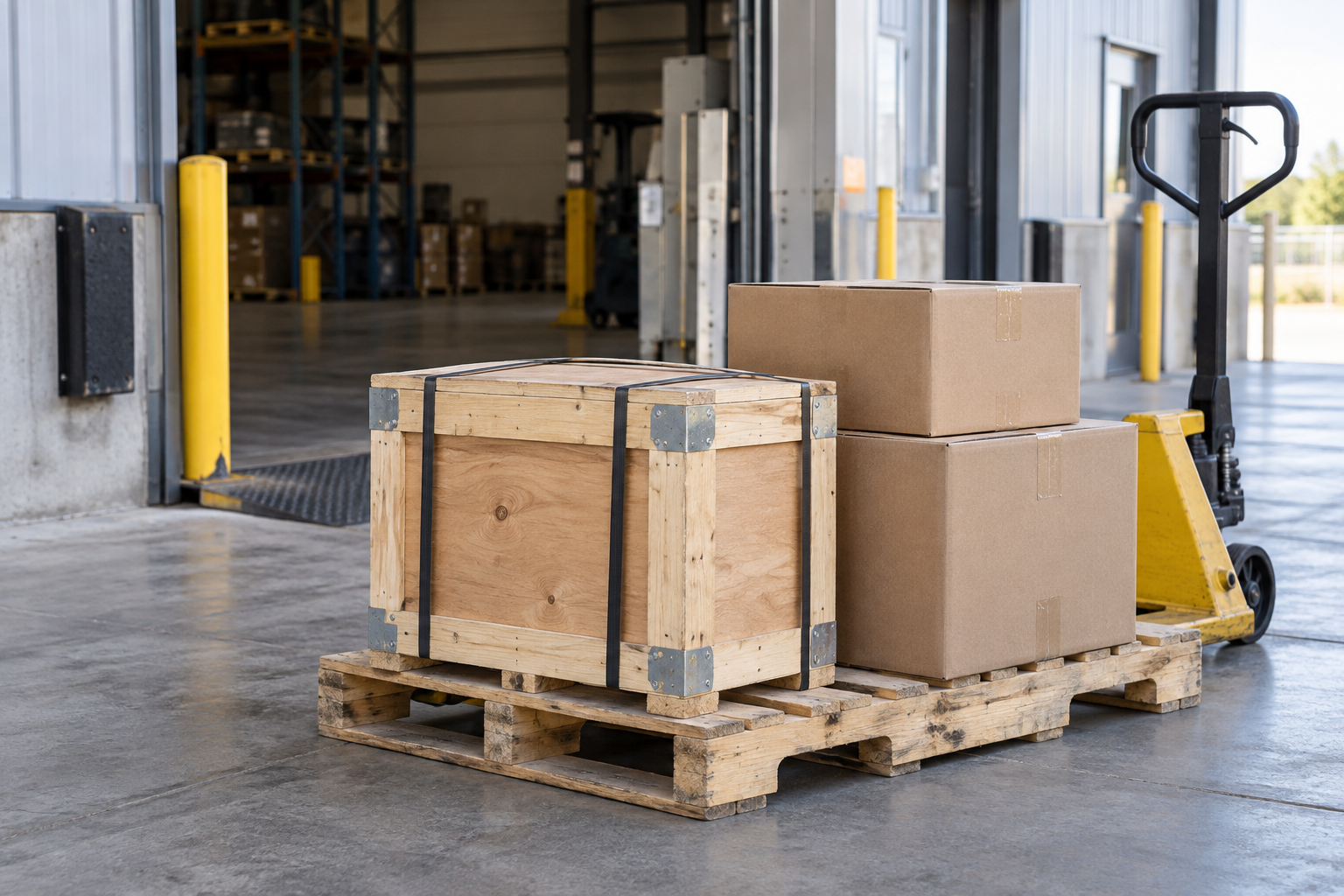 Small crated shipment and cartons staged at a shipping dock