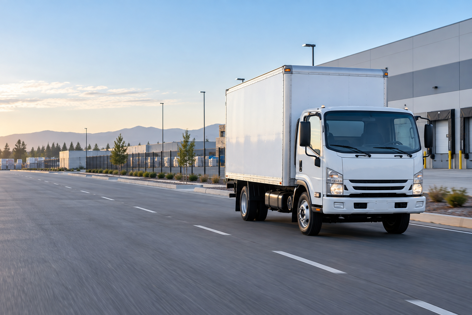 Straight box truck traveling on an industrial access road