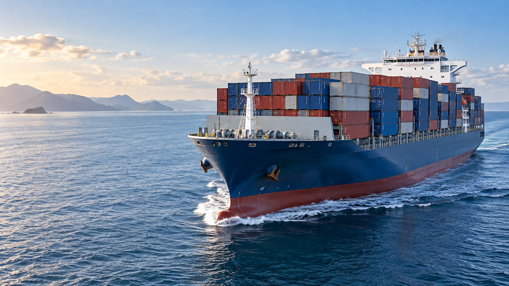 Container vessel carrying stacked containers on open coastal water