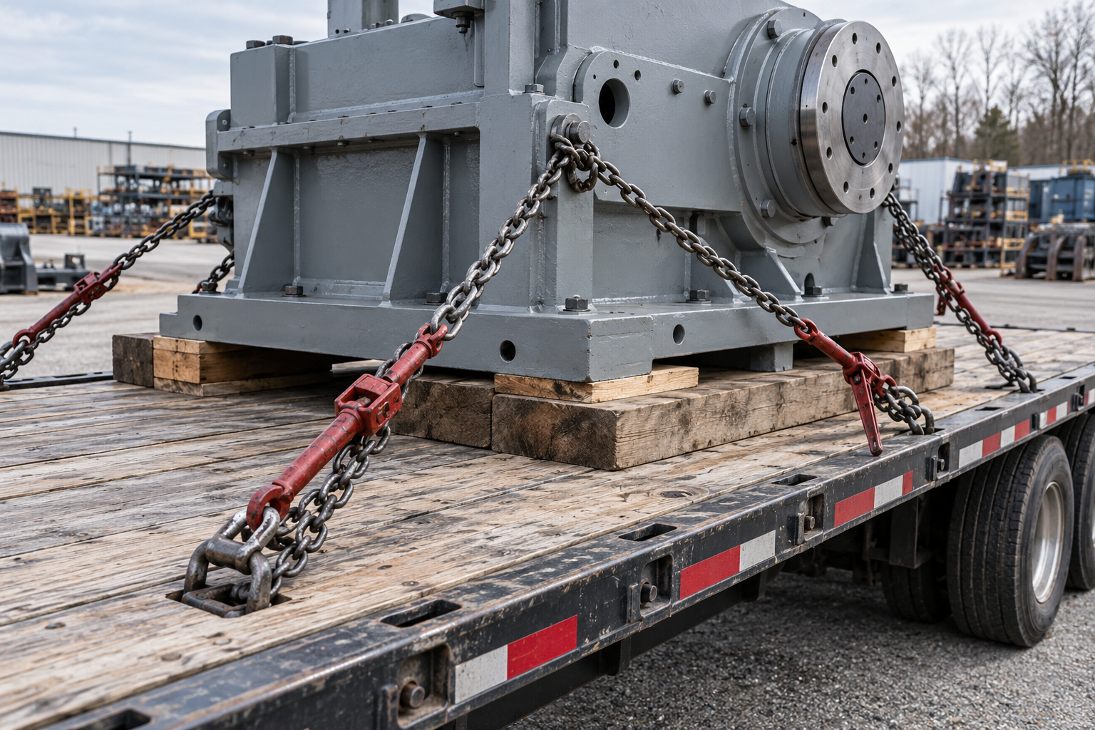 Industrial machinery secured with chains and blocking on an open deck
