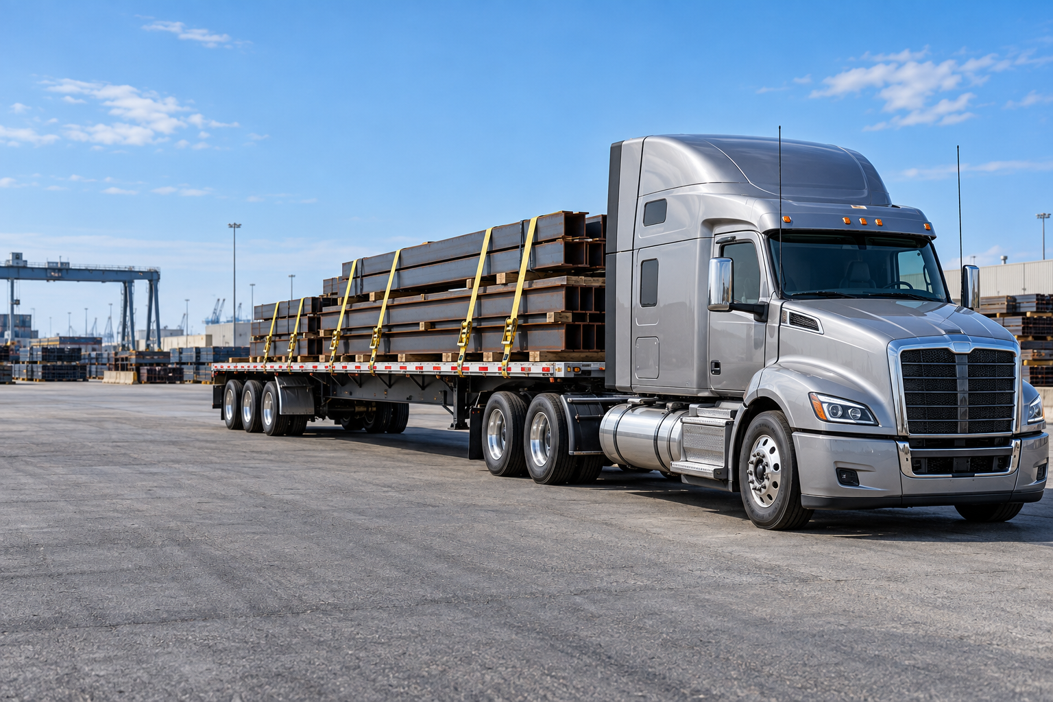 Open-deck flatbed trailer carrying secured steel freight