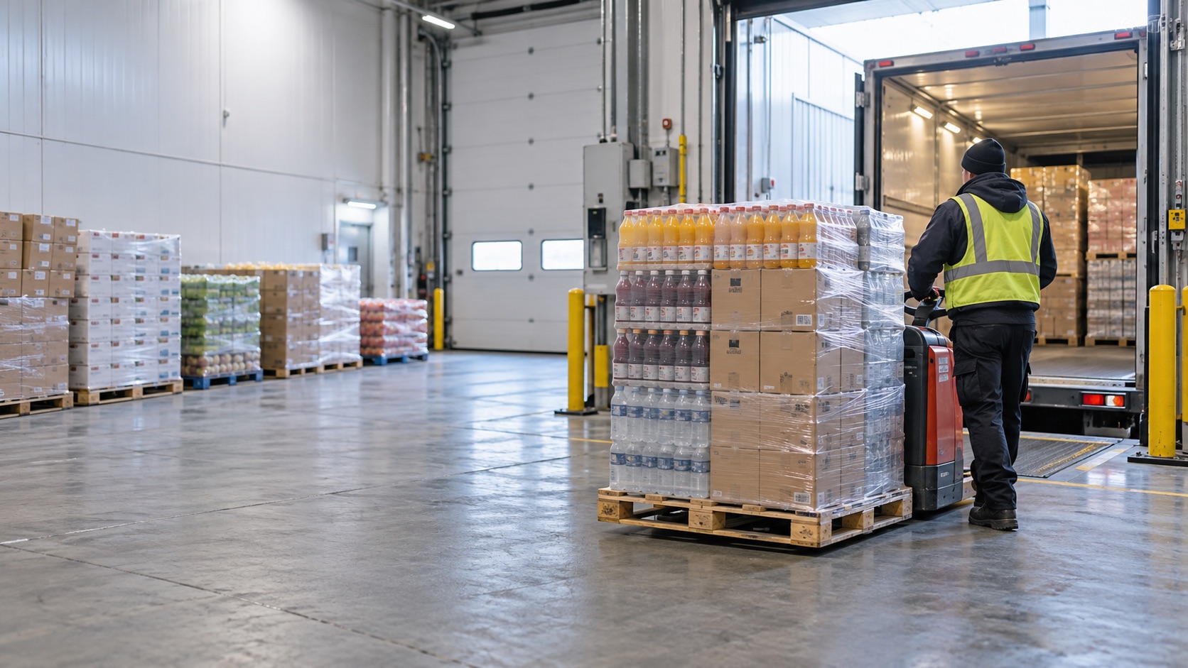 Packaged food and beverage cases in a distribution dispatch area