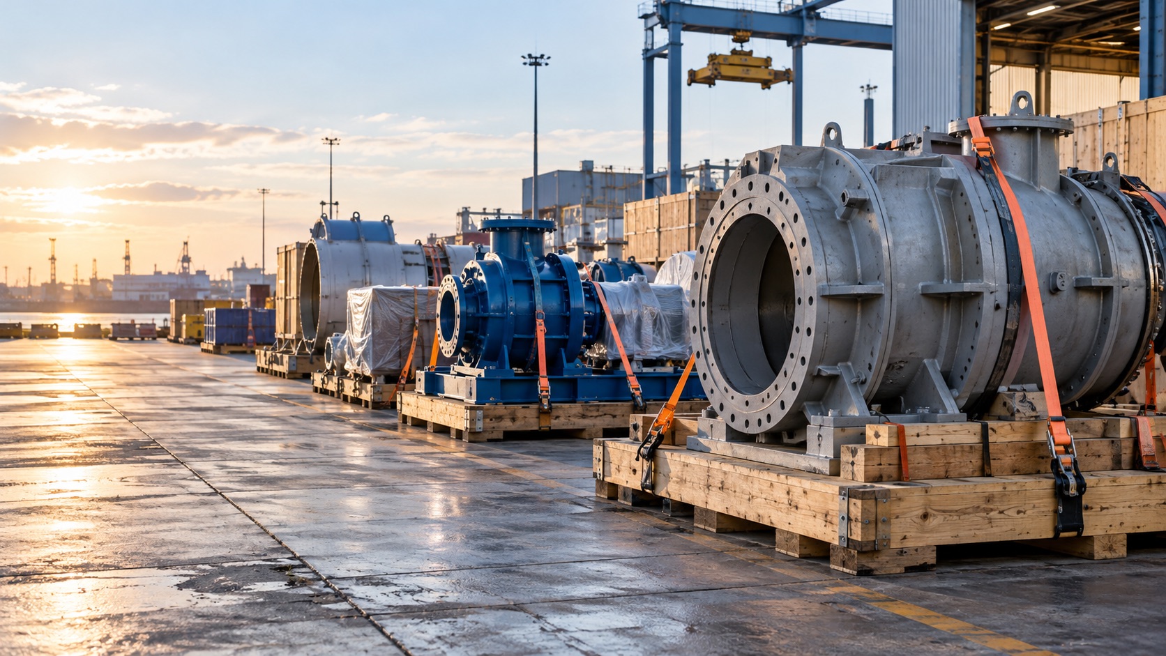 Industrial machinery and fabricated equipment secured on shipping skids
