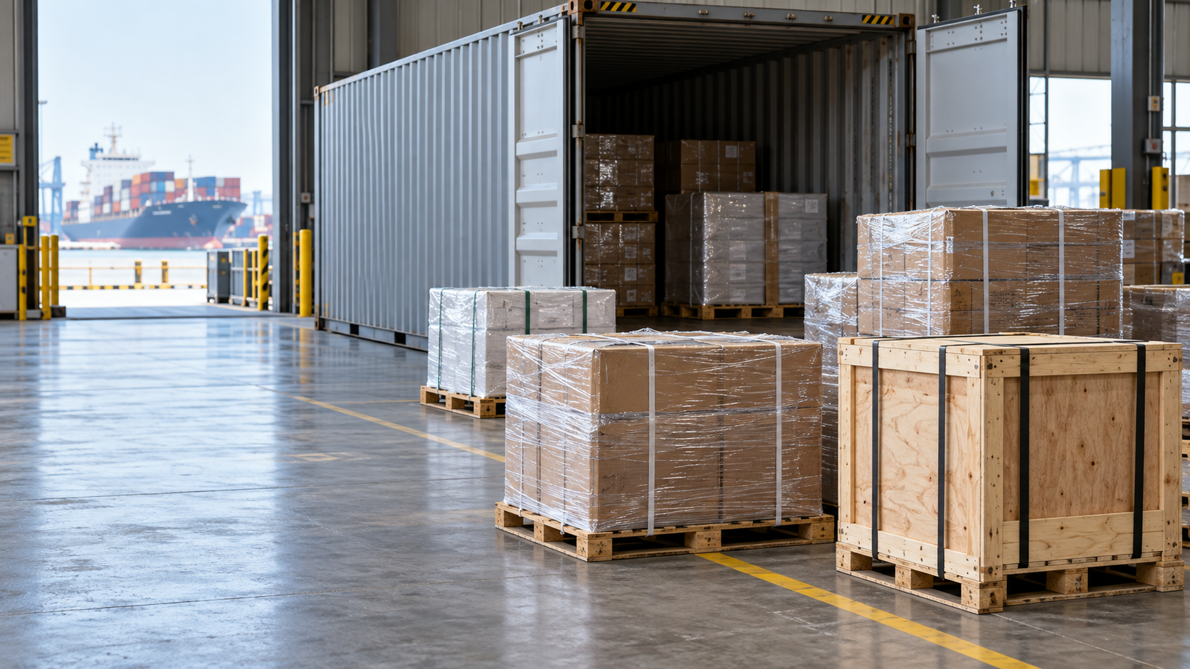 Separately packed pallets and crates staged beside an open shipping container