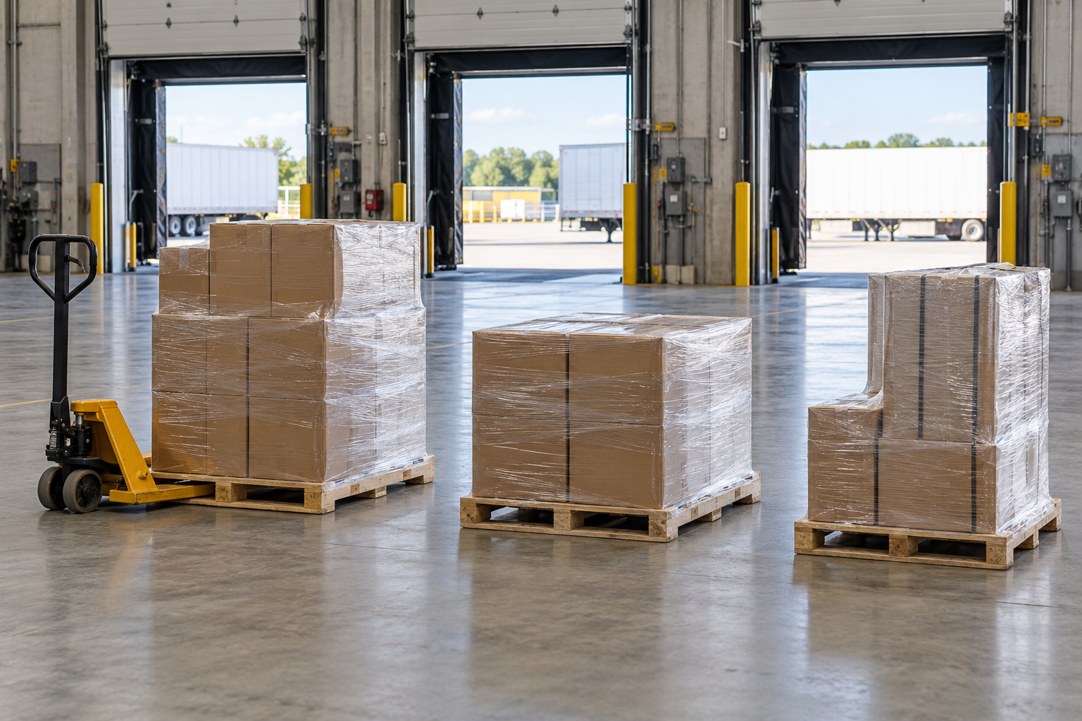 Separate palletized shipments staged at a freight terminal