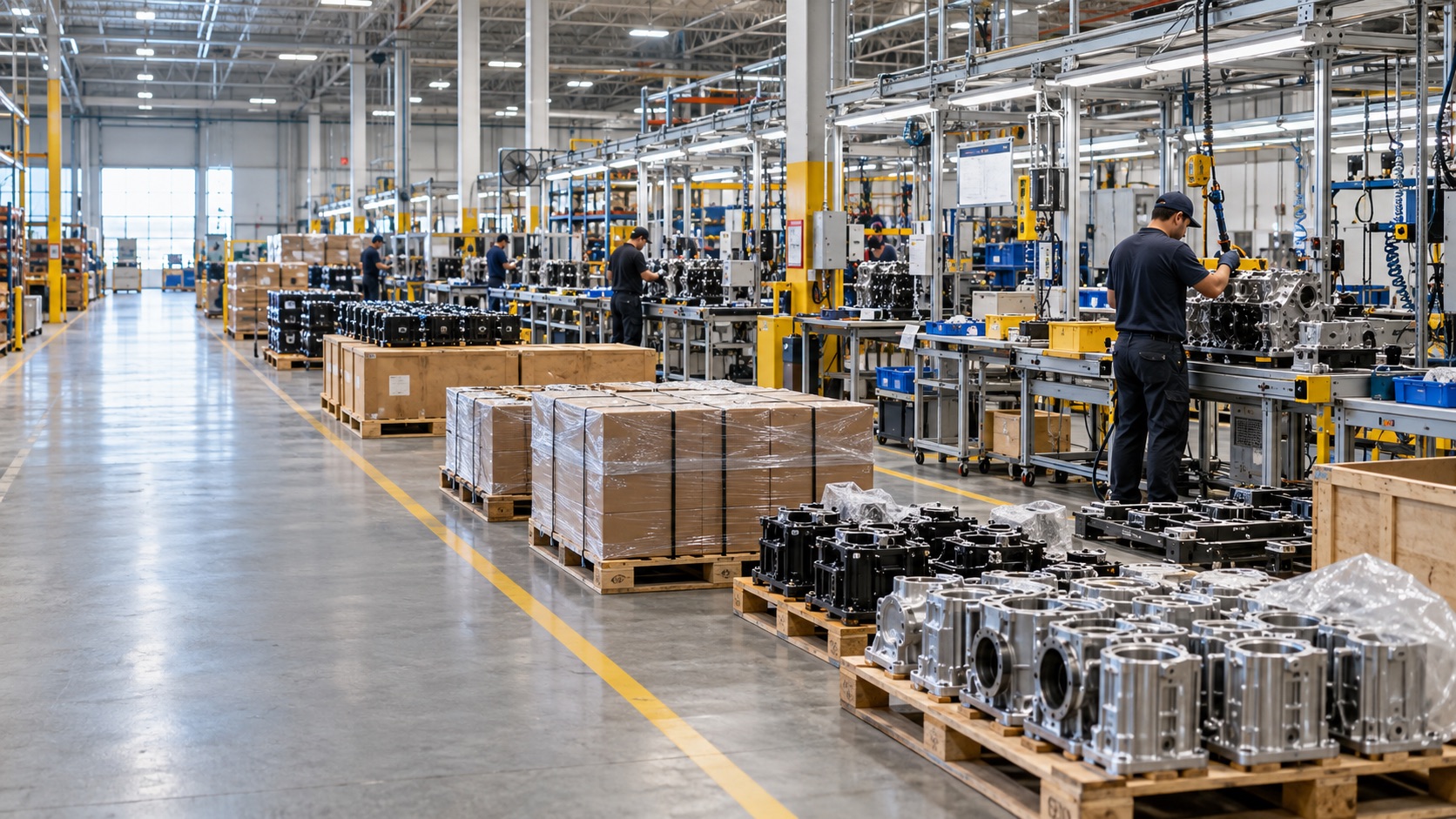 Manufacturing components staged beside a factory production line