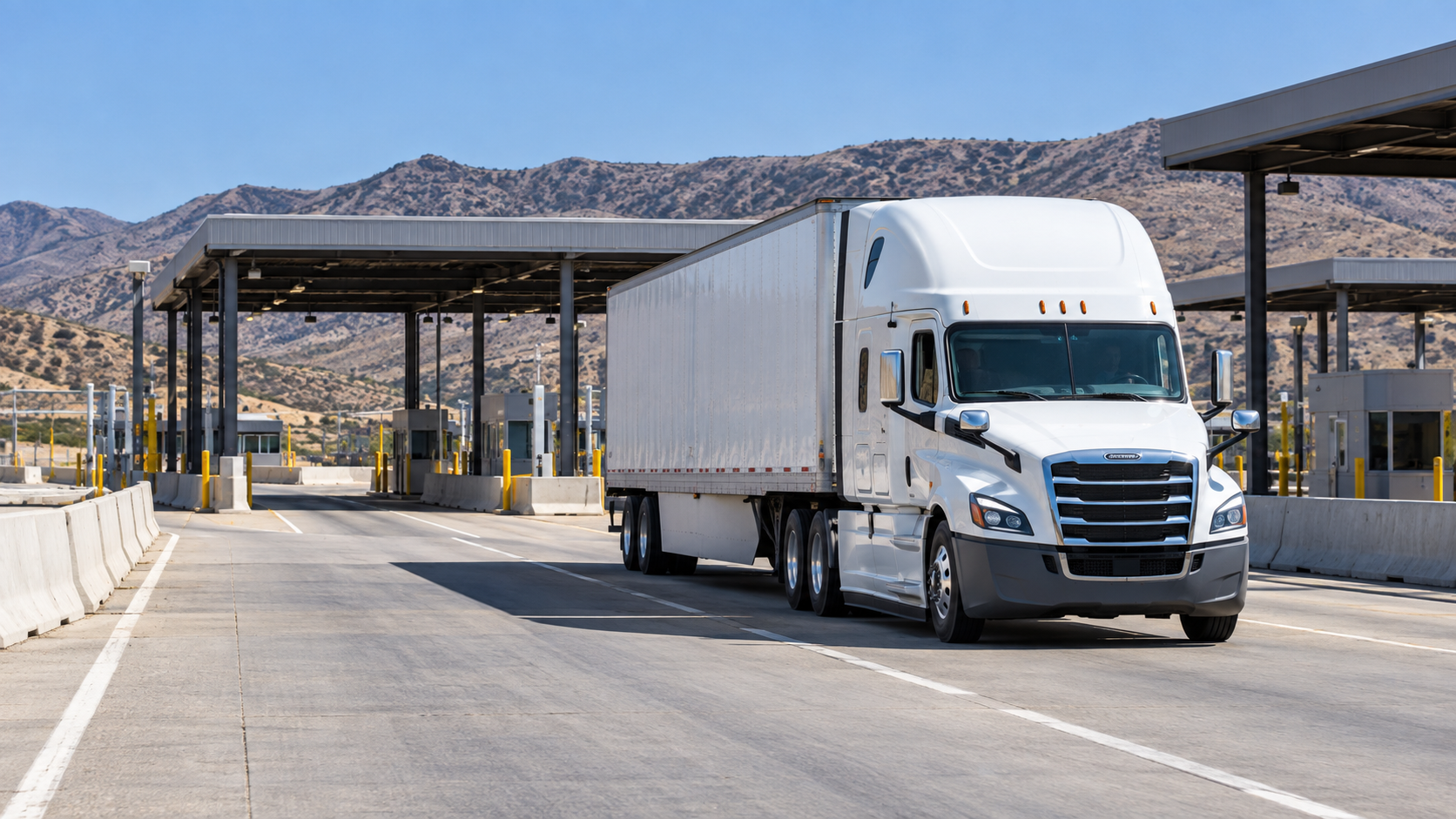 Unbranded tractor-trailer approaching a commercial border inspection facility