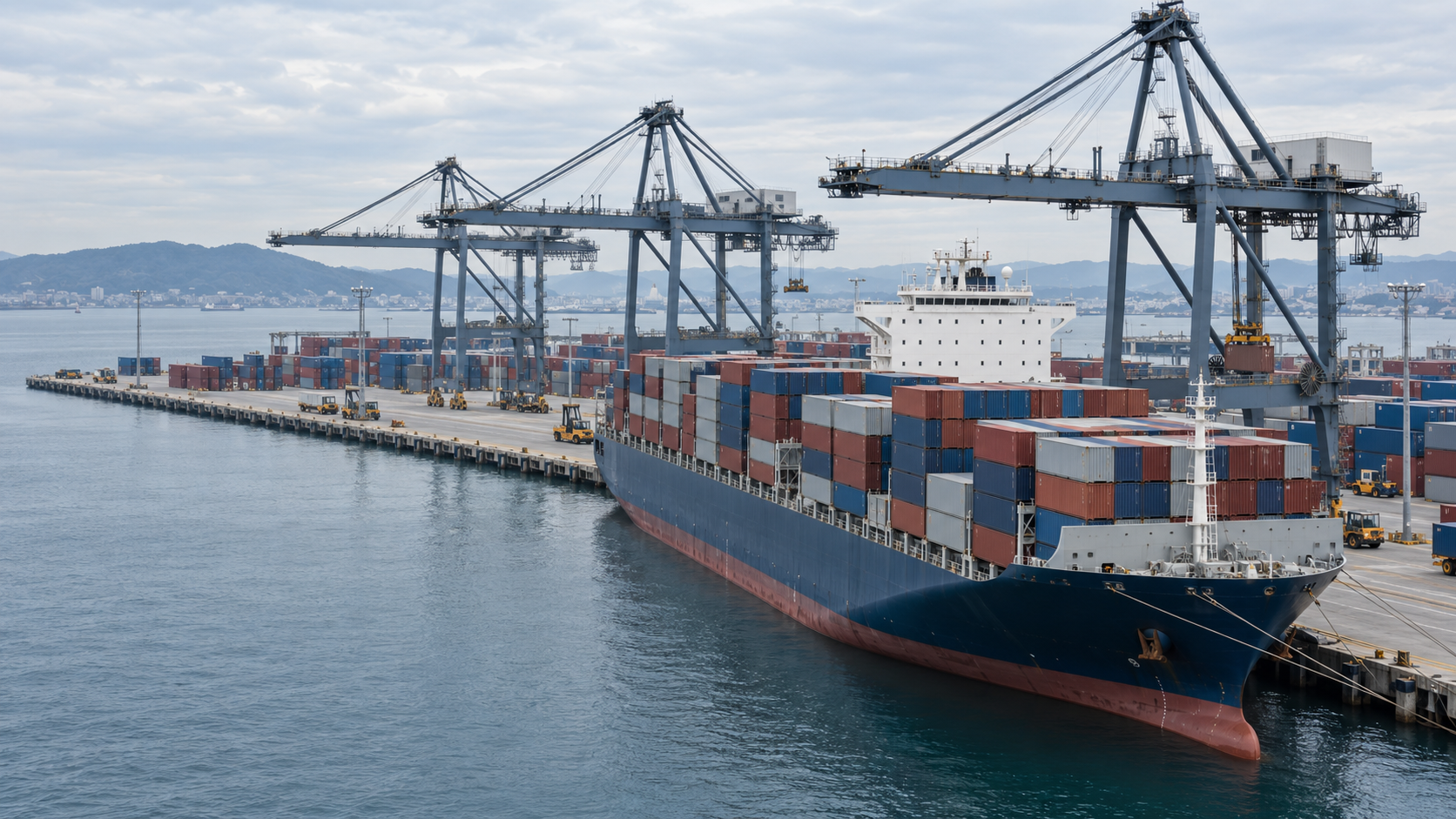 Container vessel alongside terminal cranes and stacked shipping containers
