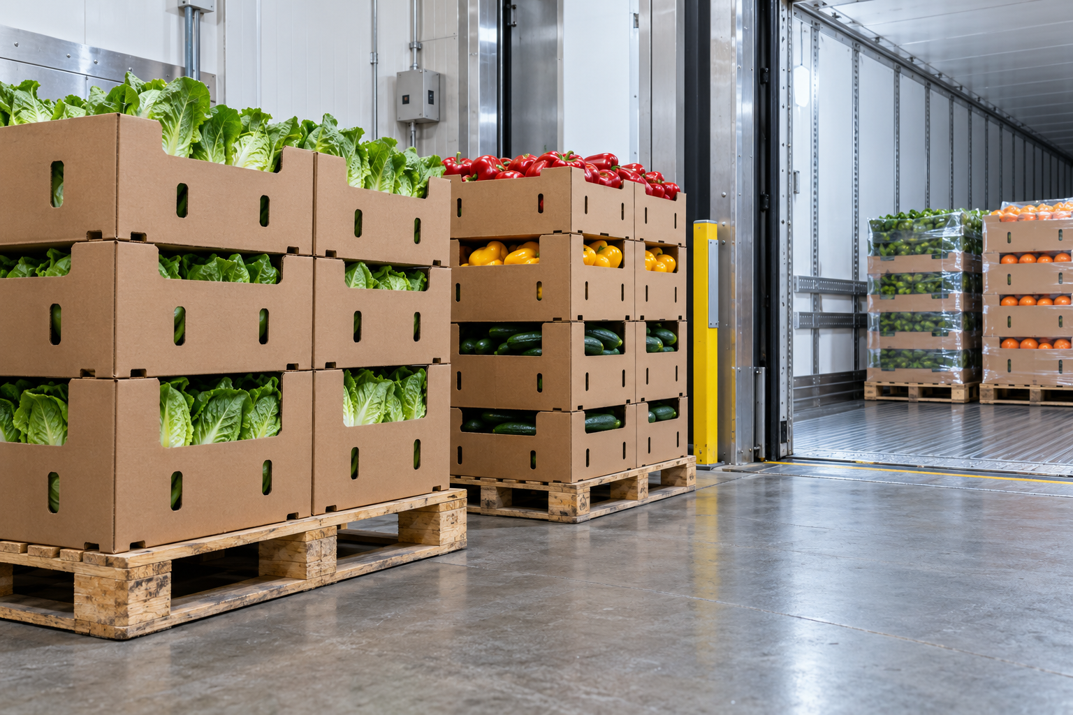 Produce cartons staged beside an insulated refrigerated trailer