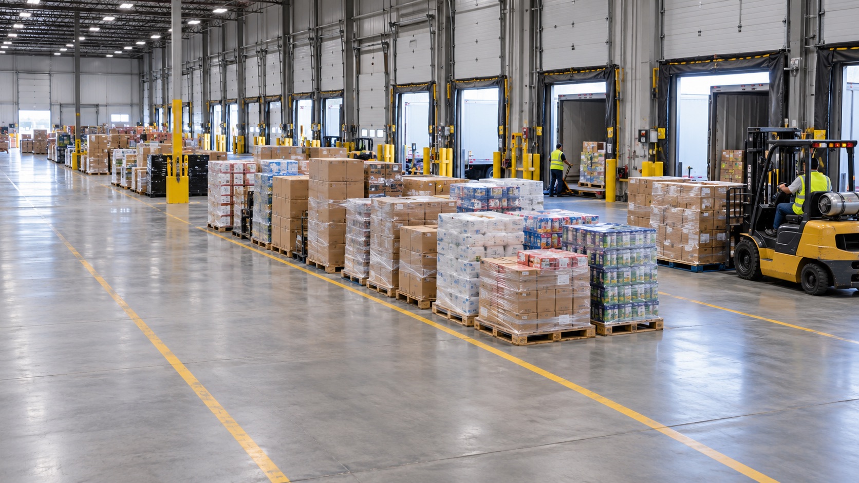 Retail replenishment pallets organized in a distribution center