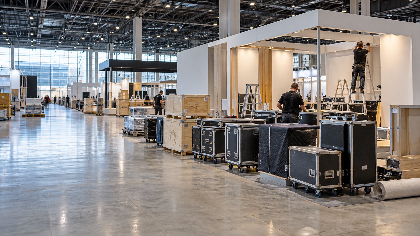 Protected equipment cases and freight crates during exhibition setup